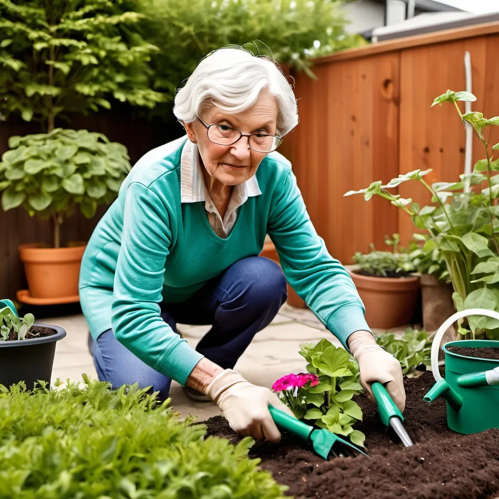 Prompt: elderly woman gardening in a backyard