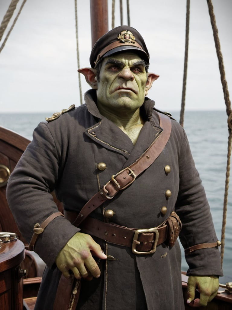 Prompt: an orc ship captain in the 1910s