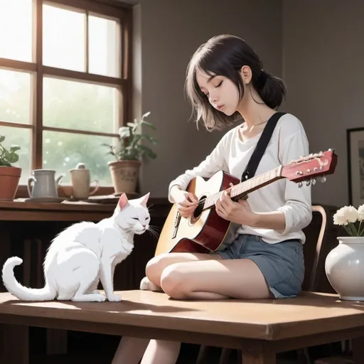 Prompt: young thin woman playing guitar, a white cat sleeping on the table, more anime