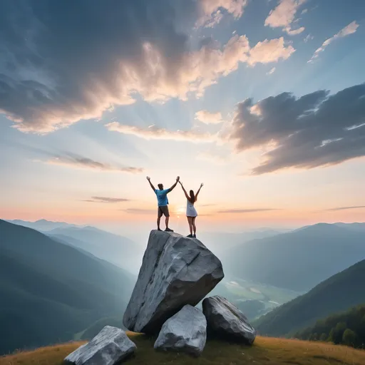 Prompt: Man and woman standing on a stone at early morning sunrise in mountains. Couple raising up hands on high rock in early morning sunrise nature. Light blue and white clouds from above background
