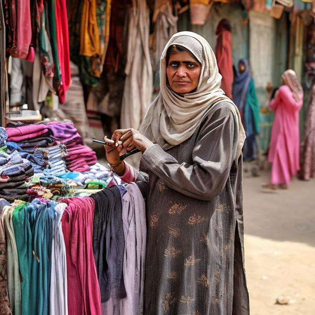 Prompt: A poor Pakistani woman wearing old clothes and selling pen in marketplace