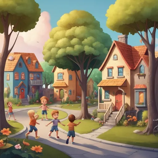 Prompt: fantasy neighborhood with children playing outside