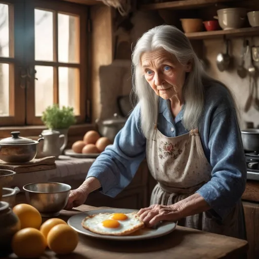 Prompt: fantasy, blue eyed old grandmother with long grey hair cooking breakfast in her old house for her grandson