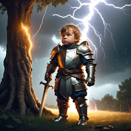 Prompt: dwarf character little boy knight in shining armor standing beside a tree when he is in a lightning storm fantasy character art, illustration and warm tone