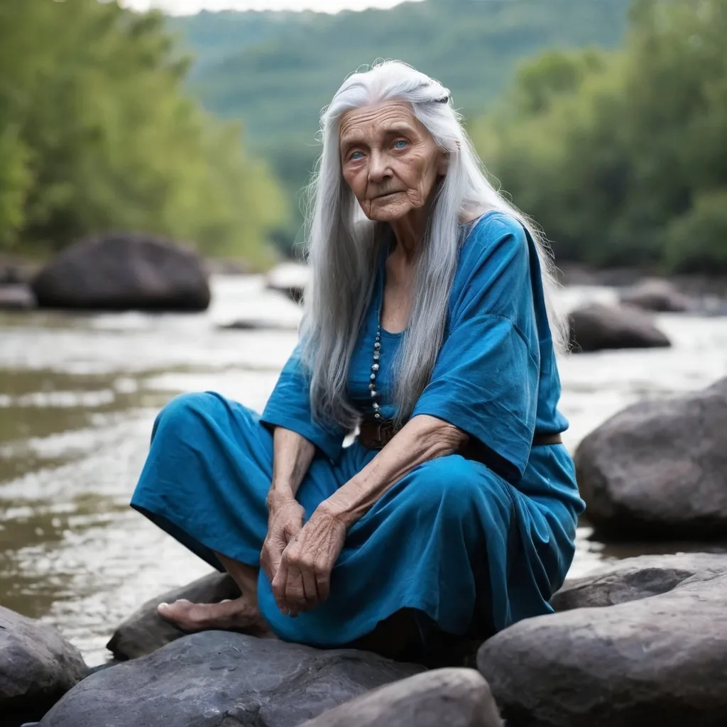 Prompt: fantasy, blue eyed old grandmother with long grey hair sitting on rocks in the middle of the river 