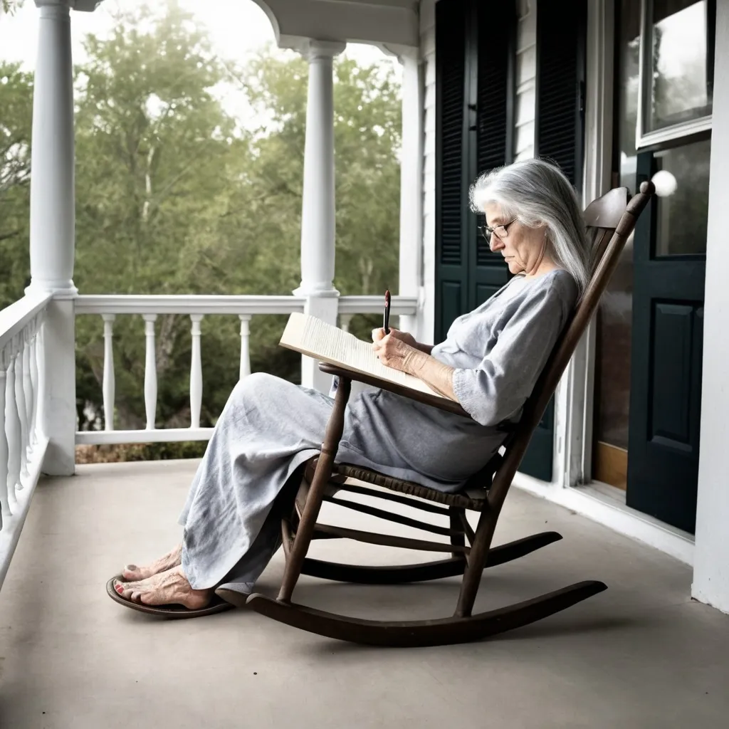 Prompt: fantasy very long grey haired old woman in rocking chair on porch writing