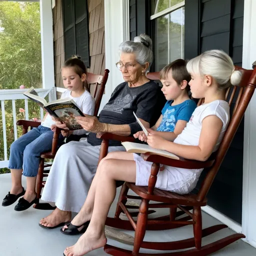 Prompt: fantasy great grandmother with grey hair in a bun, sitting in a rocking chair on her porch, reading to two little girls and 3 little boys.