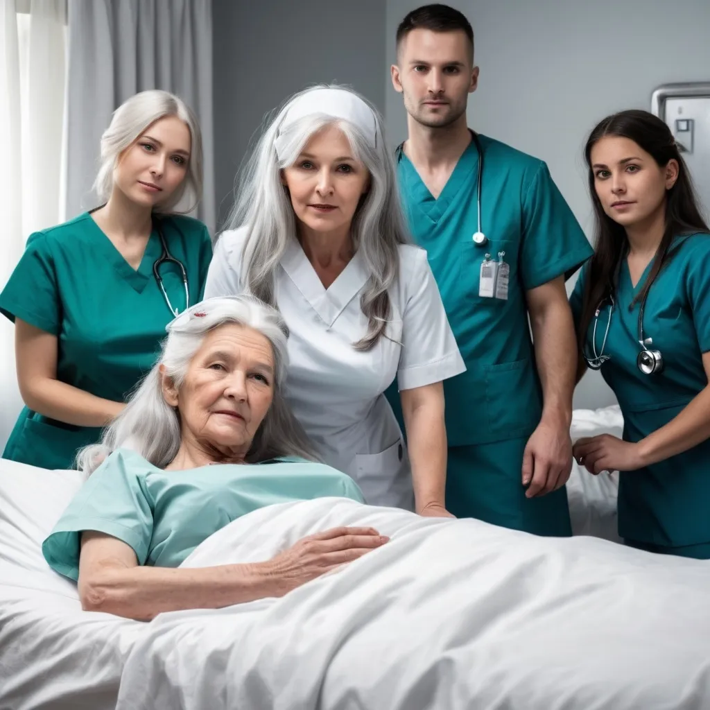 Prompt: fantasy nurses standing around old lady with long grey hair who is in bed