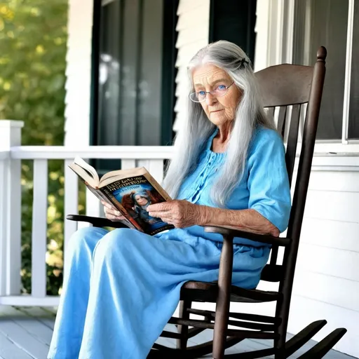 Prompt: fantasy great grandmother, blue eyes, long grey hair, sitting on porch in a rocking chair reading to children