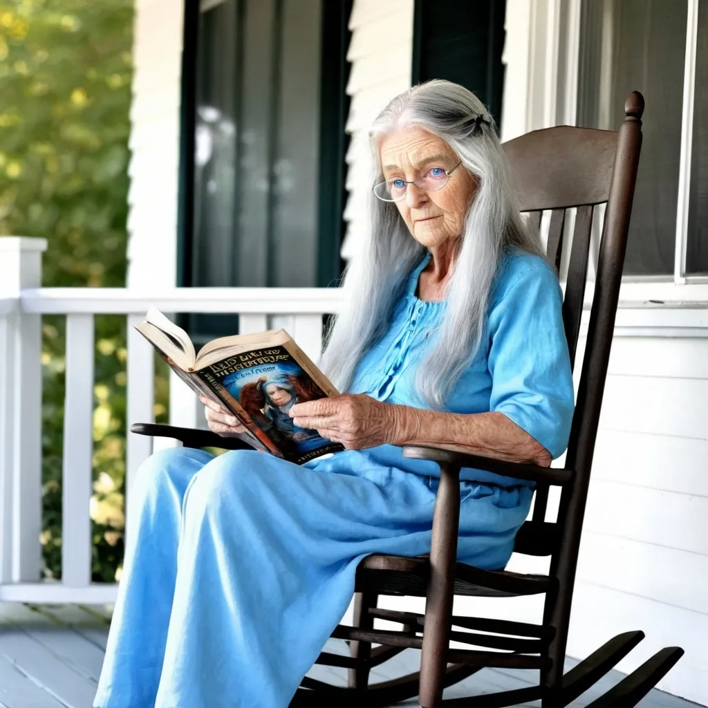 Prompt: fantasy great grandmother, blue eyes, long grey hair, sitting on porch in a rocking chair reading to children