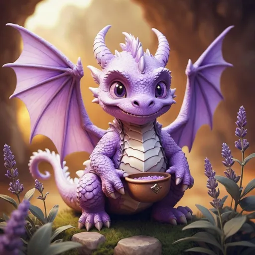Prompt: dwarf character little lavender friendly flying dragon fantasy character art, illustration and warm tone