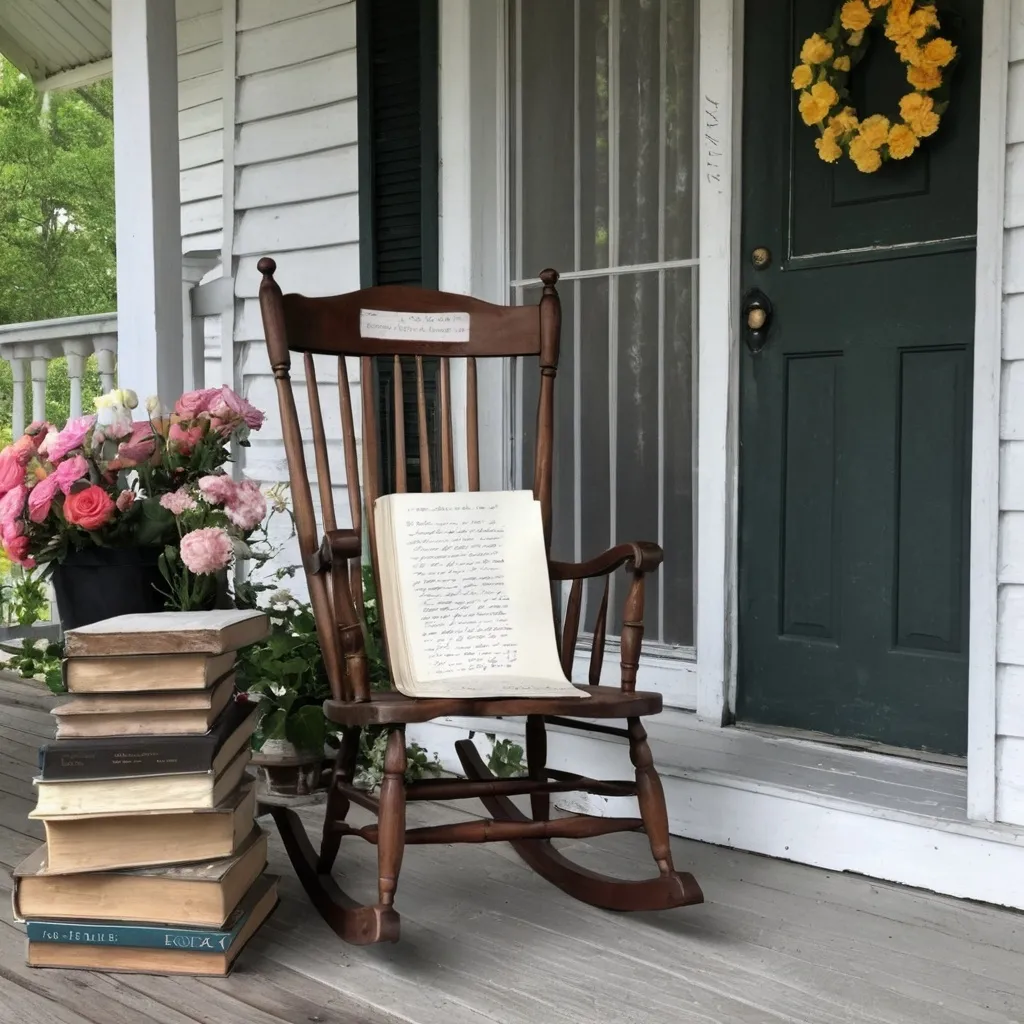 Prompt: fantasy empty rocking chair on porch, with flowers on porch and a stack of books on floor with a note from Miss Allie