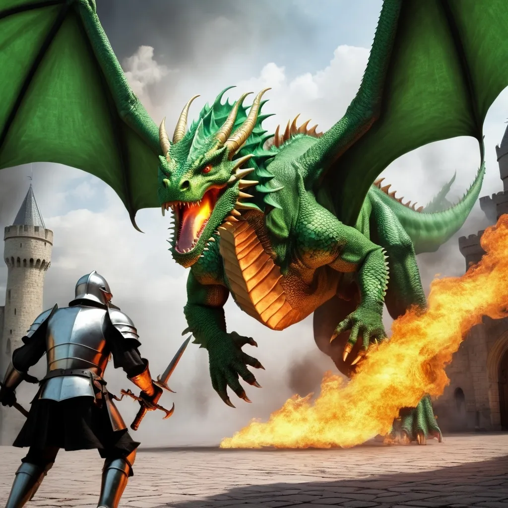 Prompt: fantasy fire-breathing green dragon chasing bad knights