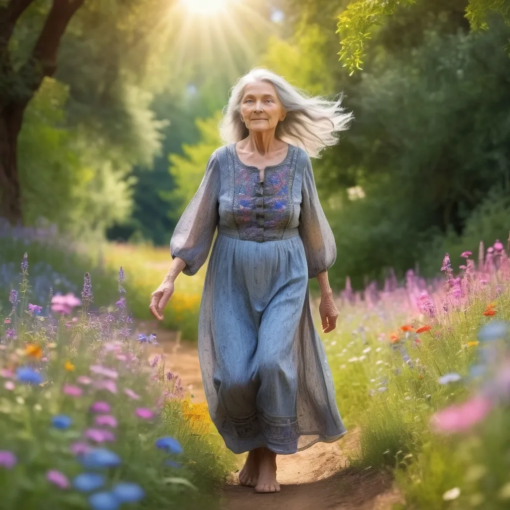 Prompt: fantasy, blue eyed old grandmother with long grey hair walking in a field of wildflowers and trees