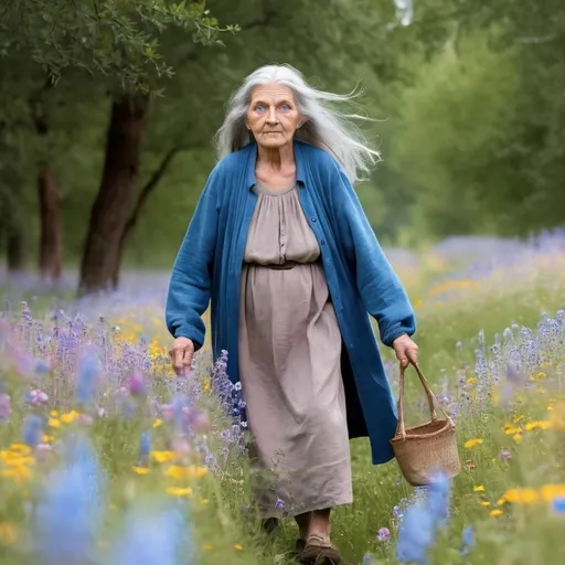 Prompt: fantasy, blue eyed old grandmother with long grey hair walking in a field of wildflowers and trees