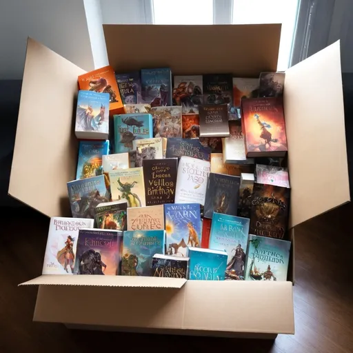 Prompt: fantasy birthday gifts, box with dozens of books for everyone
