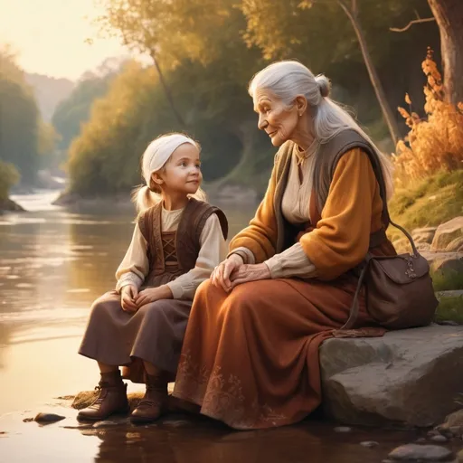 Prompt: Dwarf fantasy character art illustration, warm tone old woman mother, with young daughter sitting by river