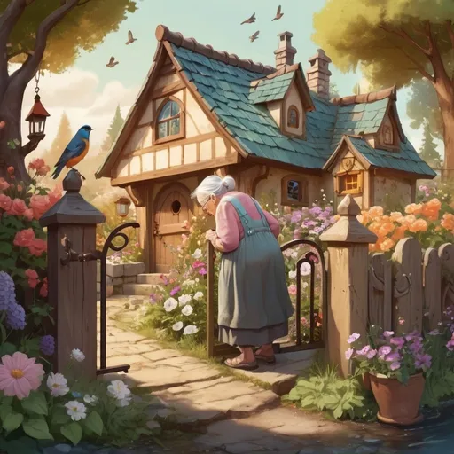 Prompt: Dwarf fantasy character little old lady with bent over back, standing at gate by house surrounded by flowers, bird houses, bird bath, and creek art illustration, warm tone