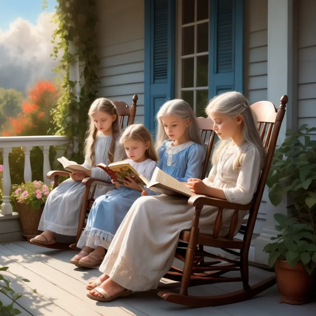 Prompt: fantasy several children sitting on porch around great grandmother, blue eyes, long grey hair, wo is sitting in a rocking chair reading to them