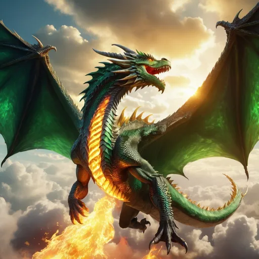 Prompt: fantasy big green flying fire breathing dragon