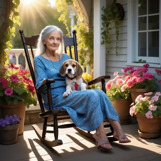 Prompt: fantasy old lady has LONG GREY HAIR and BLUE EYES sitting in rocking chair with beagle puppy laying on porch beside her. porch has flowers and vines