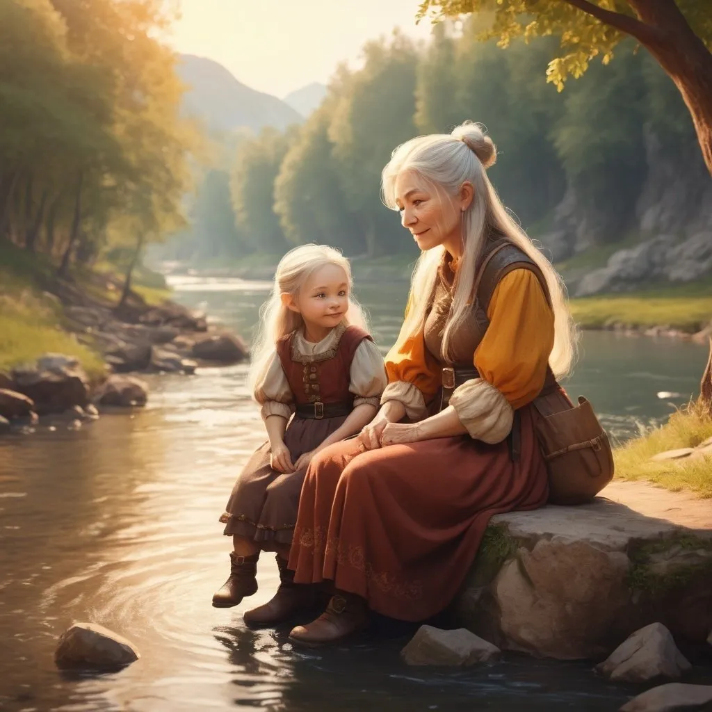 Prompt: Dwarf fantasy character old woman mother, and Dwarf fantasy character young daughter sitting by river art illustration, warm tone 