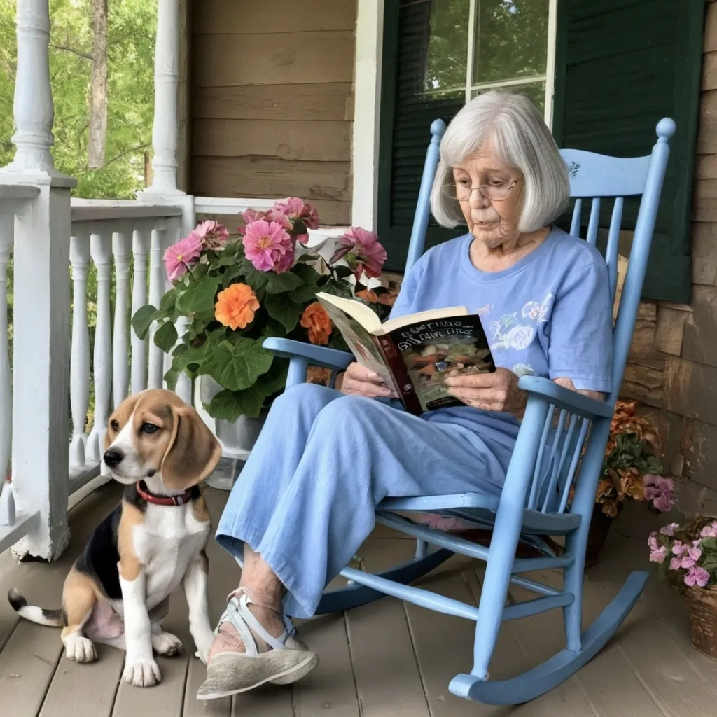 Prompt: fantasy beagle puppy sitting on porch with old lady who has long grey hair and blue eyes and is sitting in rocking chair reading to boys and girls, porch has flowers and vines