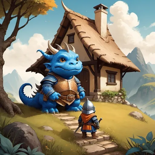 Prompt: dwarf character small thatched roof house  on hill with little boy knight and small blue dragon fantasy character art, illustration and warm tone