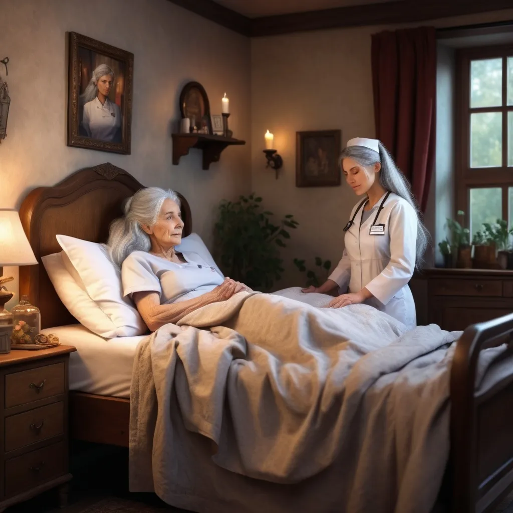 Prompt: fantasy nurses standing around old lady with long grey hair who is in bed