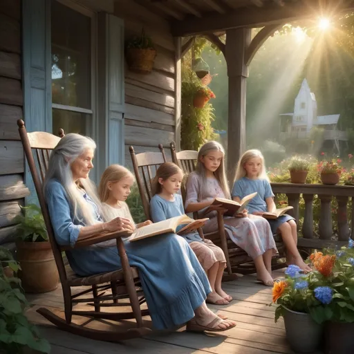 Prompt: fantasy several children sitting on porch while great grandmother, blue eyes, long grey hair, sitting on porch in a rocking chair reading to them