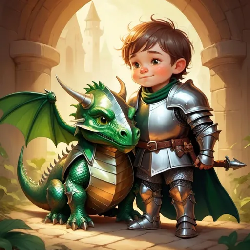 Prompt: dwarf character little boy knight in shining armor with small green flying dragon fantasy character art, illustration, and, warm tone