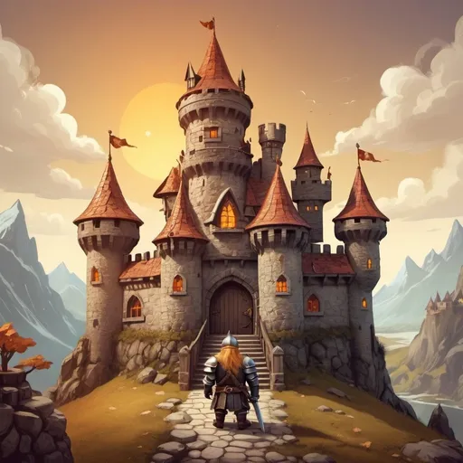 Prompt: dwarf character small castle with knight and dragons fantasy character art, illustration and warm tone