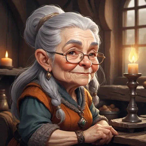 Prompt: dwarf character old lady with grey hair fantasy character art, illustration, and, warm tone