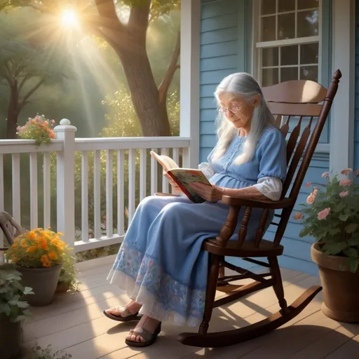 Prompt: fantasy great grandmother, blue eyes, long grey hair, sitting on porch in a rocking chair reading to children