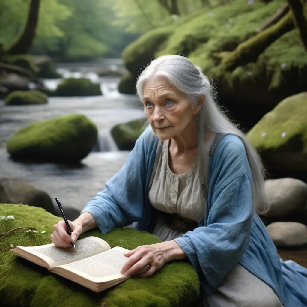 Prompt: fantasy, blue eyed old grandmother with long grey hair sitting on rocks in the middle of the river  writing