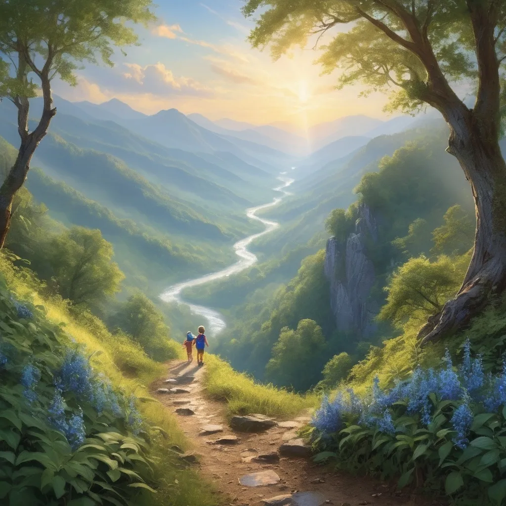 Prompt: fantasy blue ridge mountains with trail by river and little children walking on trail