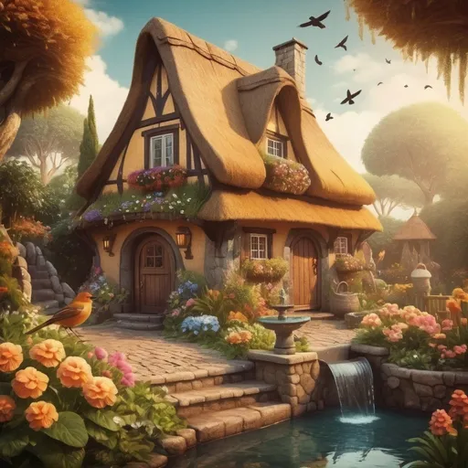 Prompt: Dwarf fantasy thatched house with flower gardens, birds and water fountain art illustration, warm tone 
