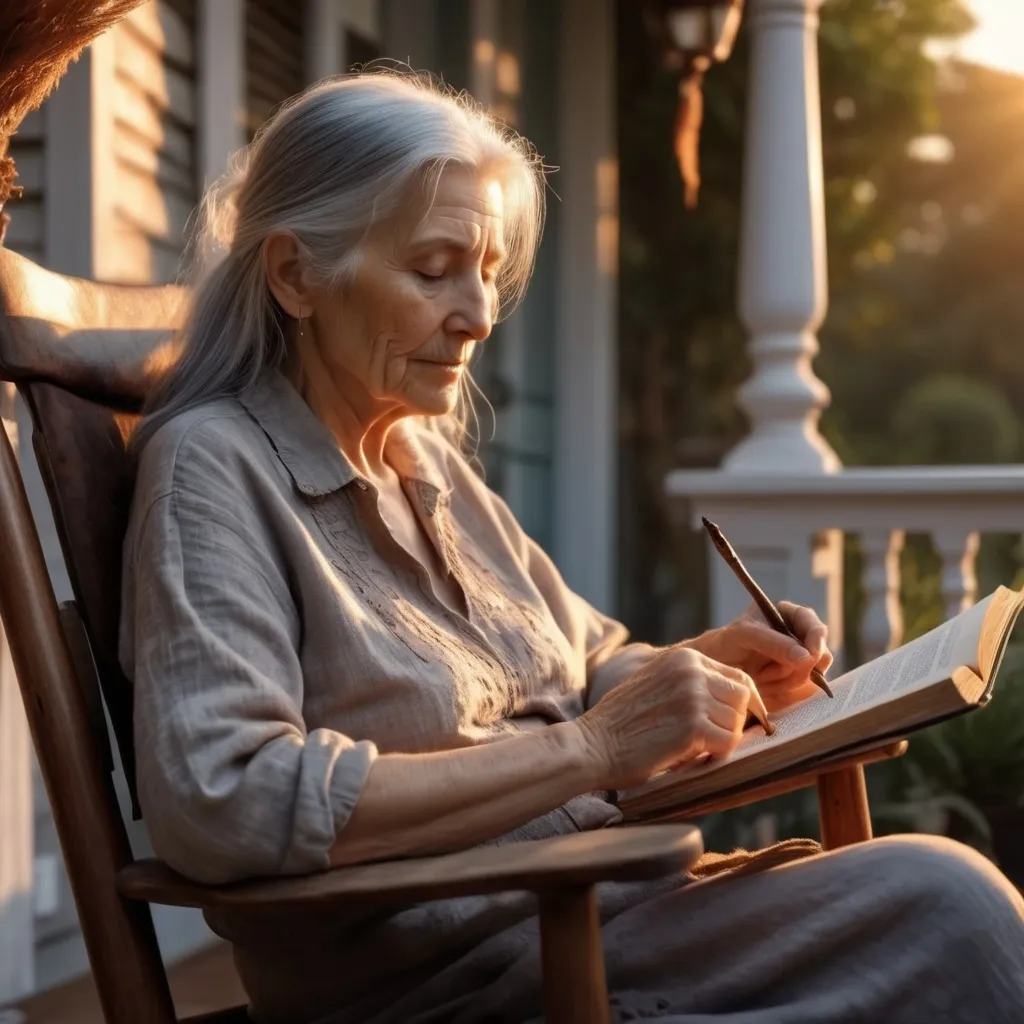 Prompt: fantasy very long grey haired old woman in rocking chair on porch writing