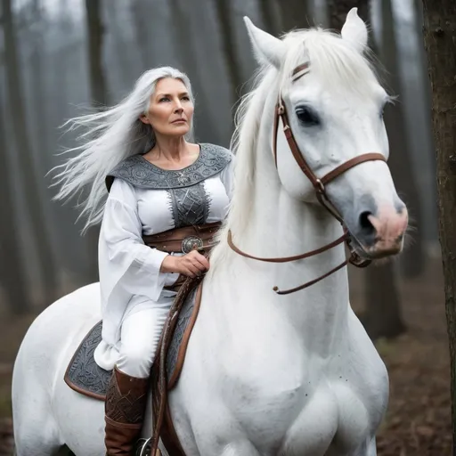 Prompt: fantasy long grey haired old Viking woman riding a beautiful white horse