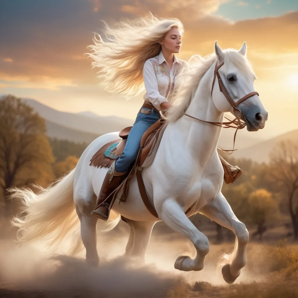 Prompt: fantasy young long haired blond woman wearing beautiful cowboy boots while riding white horse 