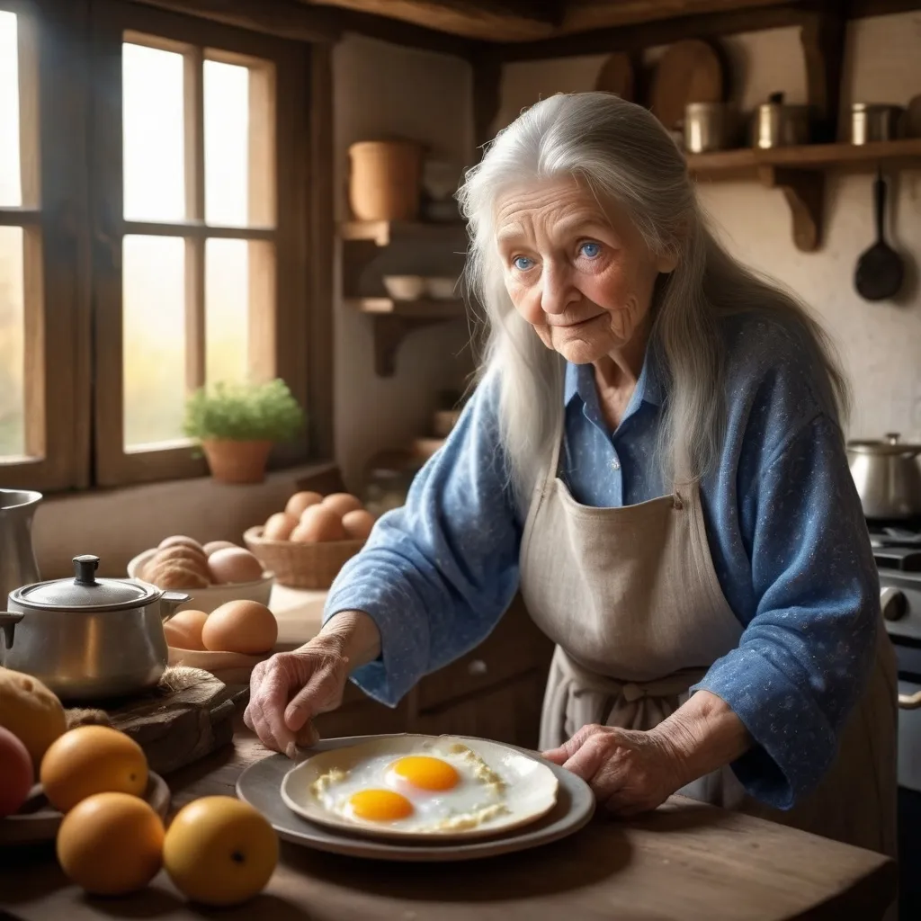 Prompt: fantasy, blue eyed old grandmother with long grey hair cooking breakfast in her old house for her grandson