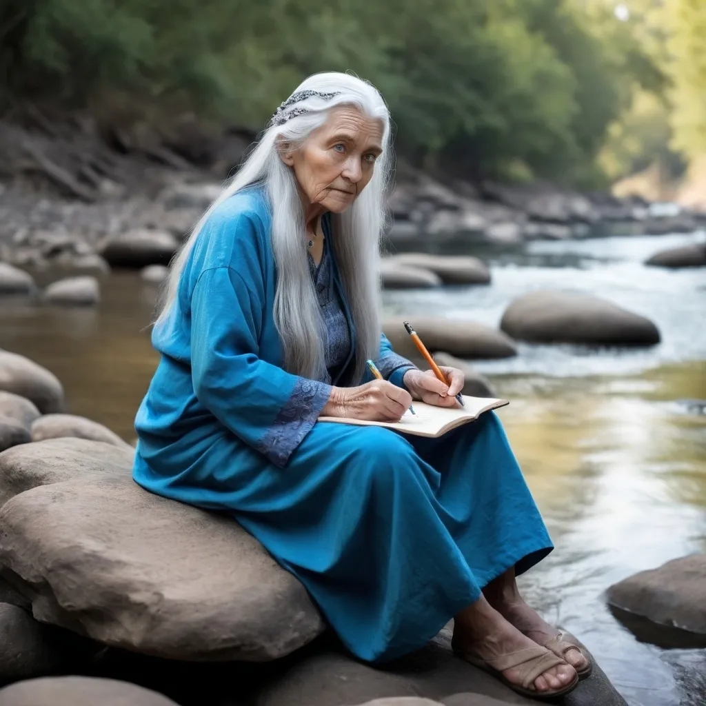 Prompt: fantasy, blue eyed old grandmother with long grey hair sitting on rocks in the middle of the river  writing