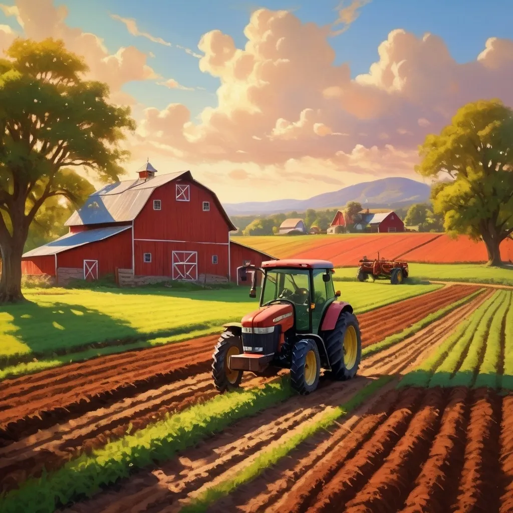 Prompt: fantasy farmer in field plowing with a tractor, trees and red barn in background