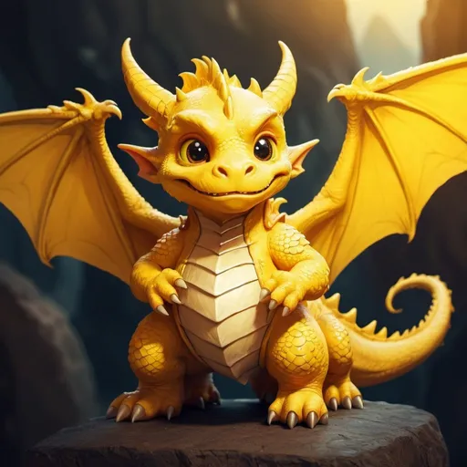Prompt: dwarf character little yellow friendly flying dragon fantasy character art, illustration and warm tone