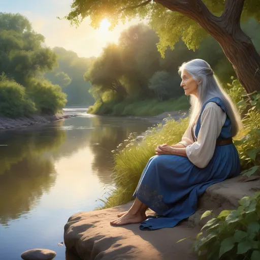 Prompt: fantasy, blue eyed grandmother with long grey hair sitting by river with her brow haired grandson