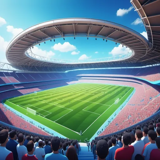 Prompt: (dynamic, good stadium), (vibrant colors), expansive crowd, cheering fans, under a bright blue sky, vivid atmosphere, modern architectural design, well-maintained grass field, energetic ambiance, excitement in the air, intricate details highlighting the stands, (ultra-detailed), (4K resolution)