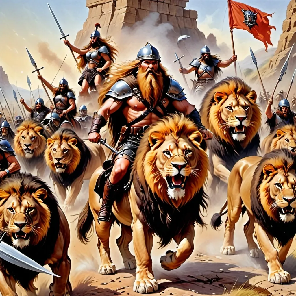 Prompt: Army of barbarians with long beards in leather armor riding lions in the style of Jeff Easley