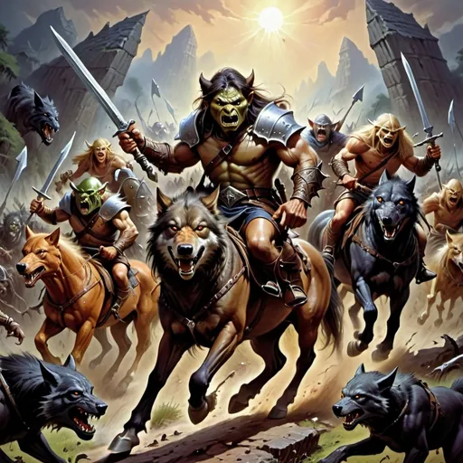 Prompt: Epic battle between barbarians riding horses and goblins riding wolves in the style of Jeff Easley