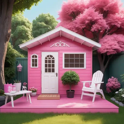 Prompt: a small pink and white shed with a wooden deck and a white chair in the yard next to it and a tree, with a Barbie style theme, Dahlov Ipcar, vancouver school, artstation hq, a digital rendering
