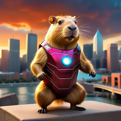 Prompt: Capybara Ironman, a whimsical superhero scene featuring a capybara dressed in a sleek ironman suit, vibrant metallic hues gleaming in the light, heroic stance exuding confidence, with a cityscape background at dusk, warm and cool tones blending beautifully, filled with dramatic clouds and glowing skyline, ultra-detailed and high quality, playful and adventurous ambiance.